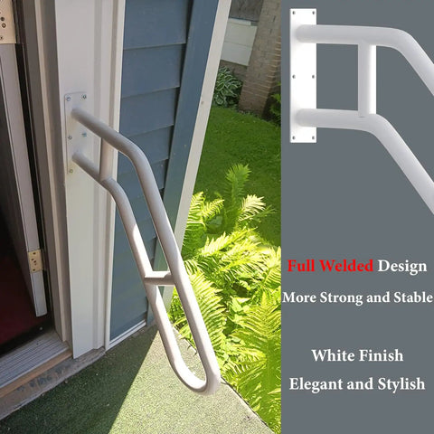 Beefed Up U Shaped Outdoor Stair Handrail With Two Crossbars 26 Inch Wall Mounted Grab Bar in White for 1 To 3 Step Stairs