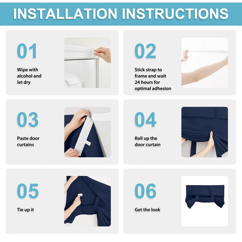 Installation steps for Self Sticky Blackout Curtain Panel For Windows And French Doors No Drill Easy Install Thermal Insulated Light Blocking And Energy Efficient Double Blind Navy 26 By 69 Inches One Panel With Included Straps.