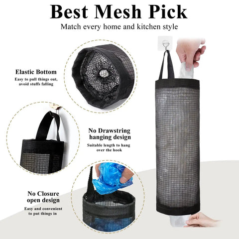 Hanging Mesh Bag Holder Dispenser For Plastic Grocery Bags, Space Saving Organizer With Elastic Opening For Easy Access, Black, 2 Pack