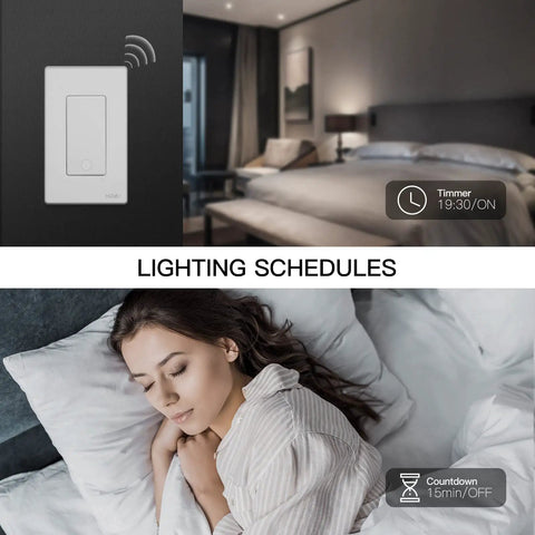 Smart Light Switches 2.4GHz WiFi Single Pole and 3 Way Wall Switches with timer control next to a woman sleeping in a bedroom.