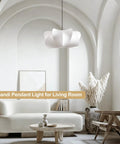 Pandaluna 15.75in Lantern Pendant Light, Wabi Sabi Faux Silk Hanging Lamp in a modern living room setting.