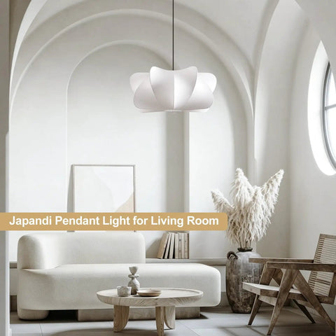 Pandaluna 15.75in Lantern Pendant Light, Wabi Sabi Faux Silk Hanging Lamp in a modern living room setting.