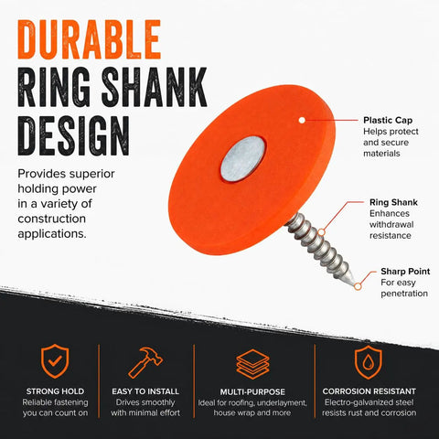Badass One Inch Plastic Cap Nails Providing Lock Tight Ring Shank Grip Electro Galvanized Steel Roofing Fasteners showcasing durable ring shank design.