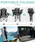 Portable folding view of two pack heavy duty folding camping chairs with 500 pound capacity, padded back and arm rests, cup holder and built in cooler bag, portable lawn chairs for sports, beach and garden, shown with easy transport and storage.