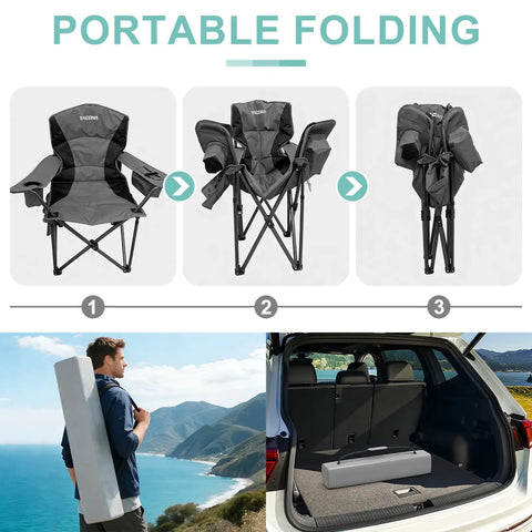 Portable folding view of two pack heavy duty folding camping chairs with 500 pound capacity, padded back and arm rests, cup holder and built in cooler bag, portable lawn chairs for sports, beach and garden, shown with easy transport and storage.