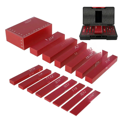 Dead Nuts Accurate Aluminum Height Gauge Block Set Featuring Crisp Etched Inch Measurements For Locking In Router Tables And Table Saws Rock Solid Workshop Essentials Black - red height gauge blocks and tool case.