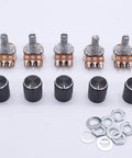Five Pack 10K Ohm Rotary Potentiometers With Split Shaft And Knurled 6mm Shaft Linear Type B Dual Taper Audio Potentiometer