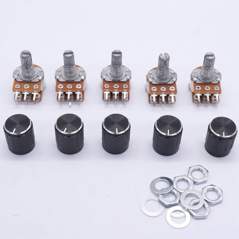 Five Pack 10K Ohm Rotary Potentiometers With Split Shaft And Knurled 6mm Shaft Linear Type B Dual Taper Audio Potentiometer