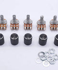 Five Piece 100K Ohm Rotary Potentiometer Kit With 6 Pin Layout for audio volume tone control, includes knobs and mounting parts