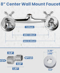 Diagram of Wall Mounted Kitchen Faucet With Sprayer, 8 Inch Center, Double Cross Handles, Solid Brass, Chrome Finish, dimensions shown