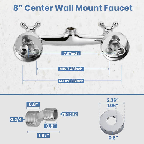Diagram of Wall Mounted Kitchen Faucet With Sprayer, 8 Inch Center, Double Cross Handles, Solid Brass, Chrome Finish, dimensions shown