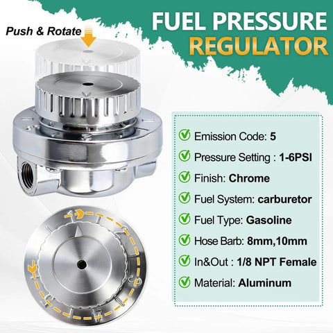 Adjustable Carb Fuel Pressure Regulator Kit 1 To 5 PSI Universal For Carbs With Top Dial Chrome Finish Display