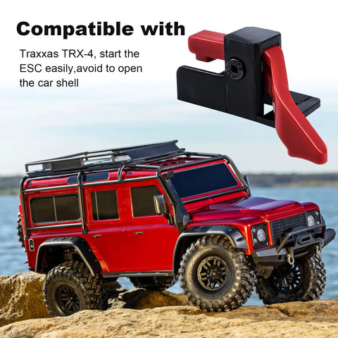 Easy Start ESC Trigger Power Switch For Traxxas TRX-4 1/10 RC Trail Crawler, red button shown with red RC vehicle on rocks