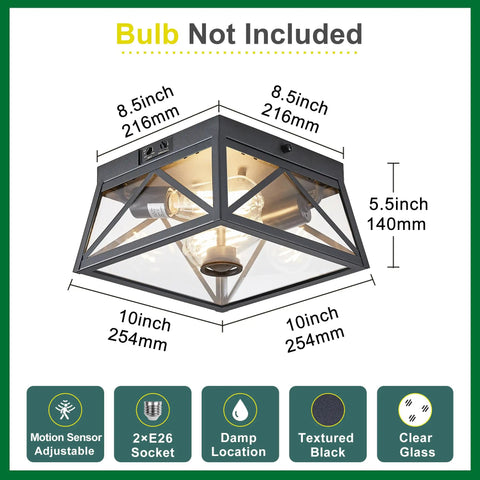Adjustable Outdoor Motion Sensor Ceiling Light With Ten Inch Flush Mount Sleek Square Modern Industrial Design Two Light Clear Glass For Porch Garage Patio Hallway Entryway shown with dimensions and features