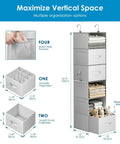 Versatile Six Shelf Hanging Closet Organizer With Split Shelf Design And Three Removable Drawers For Ultimate Flexibility Plus Four Mesh Storage Pockets.