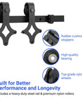 Heavy Duty Barn Door Hardware Kit With Handle For Smooth Sliding Doors Includes Track Rails And Rollers Durable Single Or Double Barn Door Assembly Black Finish Easy To Install Suitable For DIYers And Professionals showing nylon rollers, rail, and rubber stoppers.