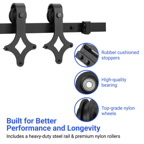 Heavy Duty Barn Door Hardware Kit With Handle For Smooth Sliding Doors Includes Track Rails And Rollers Durable Single Or Double Barn Door Assembly Black Finish Easy To Install Suitable For DIYers And Professionals showing nylon rollers, rail, and rubber stoppers.