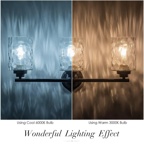 Go To Modern Matte Black Vanity Light Fixtures 24 Inch Three Light Hammered Glass Industrial Sconces for Bath showing cool and warm light effects