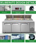 No Nonsense Heavy Duty Commercial Prep Table Refrigerator With Extra Wide Stainless Steel Worktop And Massive Cold Storage For Pizza And Sandwich Professionals showing digital controls and self-closing doors.