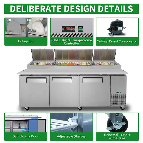 No Nonsense Heavy Duty Commercial Prep Table Refrigerator With Extra Wide Stainless Steel Worktop And Massive Cold Storage For Pizza And Sandwich Professionals showing digital controls and self-closing doors.