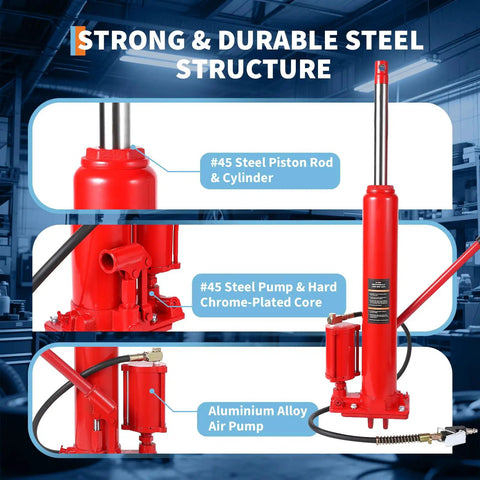 Rugged Pro 8 Ton Hydraulic Long Ram Jack For Engine Hoists Combining Air Compressor Force With Manual Pump Precision Fine Adjustment Shop Ready Heavy Lifter
