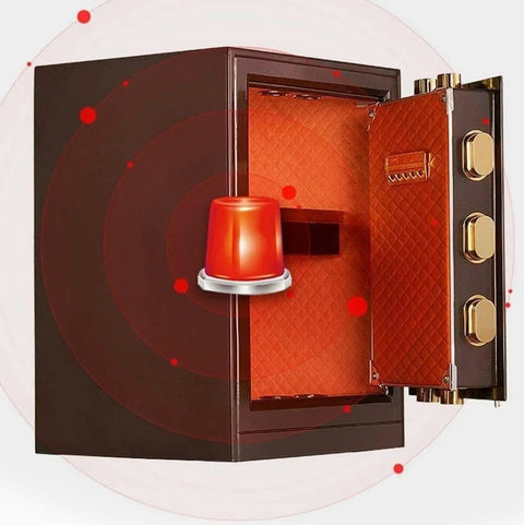 Compact home safe box for personal valuables made from steel with shock proof construction perfect for cash passport jewelry and documents in cabinets or under bed, open door view with quilted interior and bold red accents.