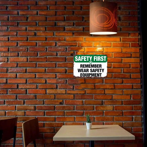 Funny Aluminum Safety Sign Wear Your Gear 8x12 Inch Wall Decor on brick wall in cozy room setting