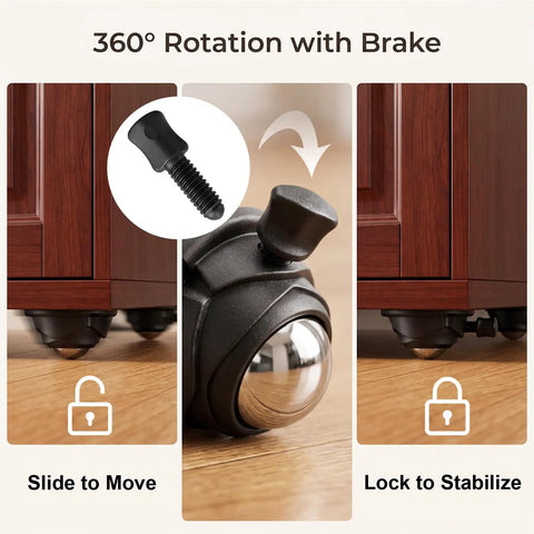 Four Pack Mini Swivel Caster Wheels With Secure Locking Brake And Heavy Duty Self Adhesive Backing For Dead Simple Peel And Stick Install On Office Chairs Desks Or Rolling Storage Carts, showcasing 360° rotation with locking mechanism.