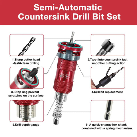 Semi-Automatic Countersink Drill Bit Set showcasing sharp cutter head and two-flute design for smooth drilling.