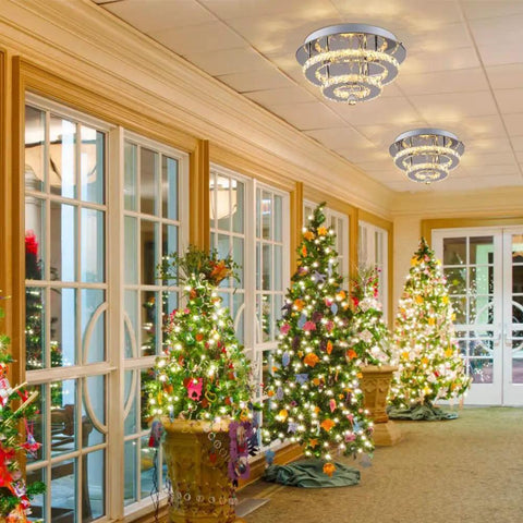 Crystal Chandeliers Ceiling Light Fixture With Remote Dimmer And Adjustable Color Temperature in decorated hallway with lit trees