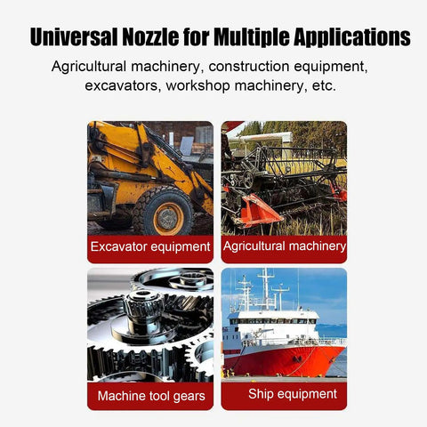 Universal nozzle applications including excavator, agricultural machinery, machine tool gears, and ship equipment.