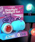 Kids LED Bike Light Set Front Headlight And Rear Tail Light Rechargeable, star design, on display with packaging