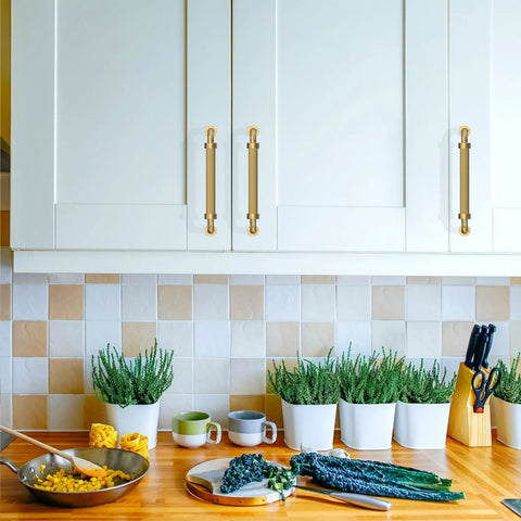 Kitchen with 5 inch champagne bronze cabinet handles on white cabinets, part of 10 Pack 5 Inch Champagne Bronze Cabinet Handles For Kitchen Cabinets And Drawers 128mm Cabinet Pulls Hardware For Cupboards And Doors Durable Metal Construction With Smooth Operation And Modern Decor.