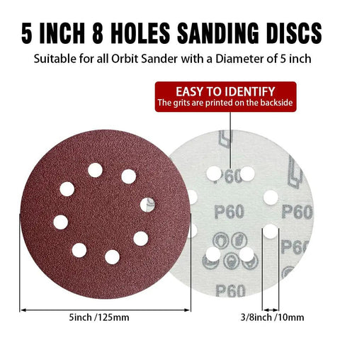 Forty Four Pack 5 Inch 8 Hole Hook And Loop Sanding Discs Red Round 60 Grit For Random Orbital Sander front and back view