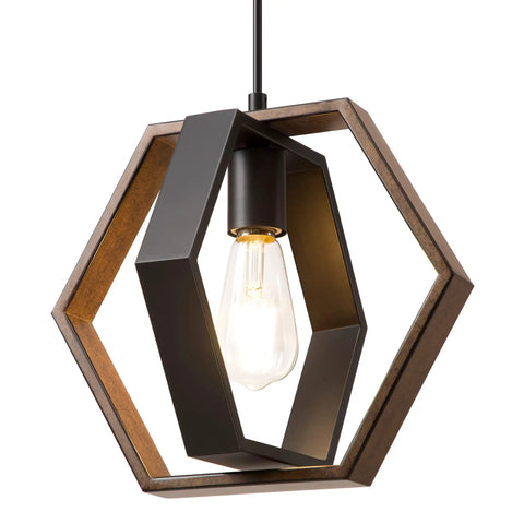 Dope Farmhouse Hex Pendant Light For Kitchen Island And Hallway, wood grain and black finish, adjustable height, ETL listed fixture