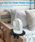 Solid As Nails Adjustable Metal Bunk Bed Fan Holder With Secure Locking Clamps For Dorm Rooms Lofted Beds Keeps Cool Breeze locked onto a wooden bed frame with a portable fan.