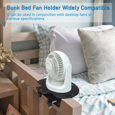 Solid As Nails Adjustable Metal Bunk Bed Fan Holder With Secure Locking Clamps For Dorm Rooms Lofted Beds Keeps Cool Breeze locked onto a wooden bed frame with a portable fan.