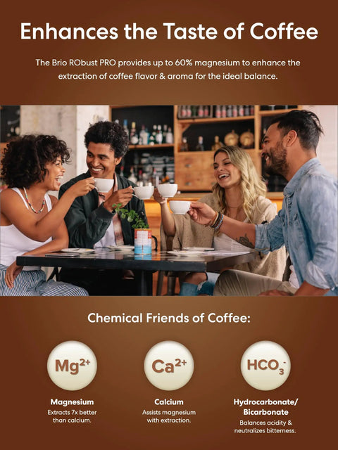 Group enjoying coffee at a cafe, highlighting Heavy Duty Five Stage Reverse Osmosis System With Post Brew Coffee Mineral Boost.