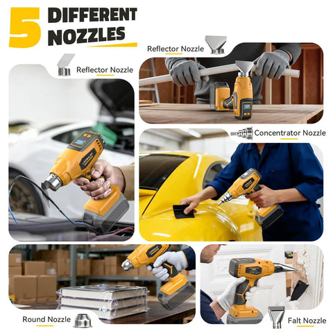 Cordless Heat Gun 20V Battery Compatible, High Power 260W Hot Air Tool With Airflow Control Digital Display, in use with various nozzles.
