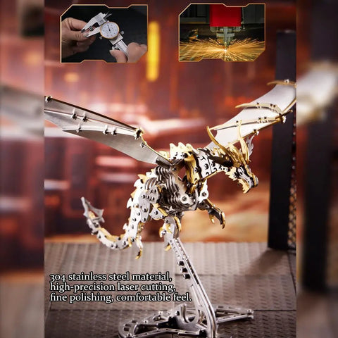 Pterosaur 3D Metal Puzzle Kit With 373 Piece Stainless Steel Mechanical Dragon For Adults Biomechanical Model STEM Build Gold Finish Collectible Gift For Builders, gold pterosaur model on stand