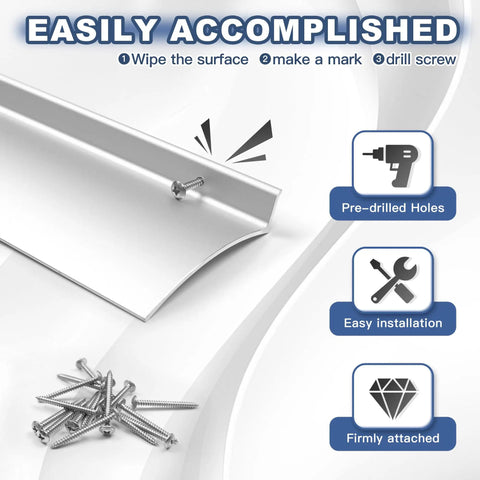 Installation steps for Game Changer 3 Pack 40 Inch Silver Anodized Aluminum Rain Drip Guards with screws and pre-drilled holes.