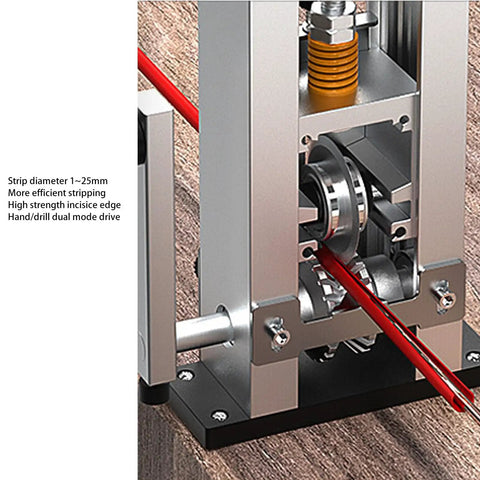 Close-up of Heavy Duty Manual Wire Stripper Machine For Scrap Copper, showing internal mechanism with red wire and adjustable settings.