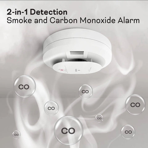 Hardwired Smoke And Carbon Monoxide Detector 4 Pack With Voice Alerts, interconnectable, showing smoke and CO alarm in use.