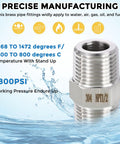 Rock Solid Three Eighths Inch NPT To One Quarter Inch NPT Stainless Steel Hex Nipple Hose Connector Adapter, precise manufacturing, withstands 2800PSI