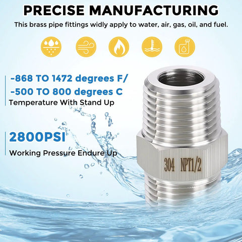 Rock Solid Three Eighths Inch NPT To One Quarter Inch NPT Stainless Steel Hex Nipple Hose Connector Adapter, precise manufacturing, withstands 2800PSI