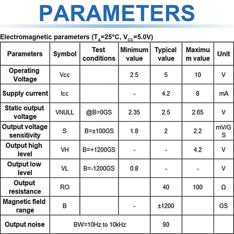 Electromagnetic parameters table for 49E OH49E SS49E Hall Effect Sensor TO92 Three Pins Linear Hall Effect Sensor, showing voltage, current, and sensitivity values.