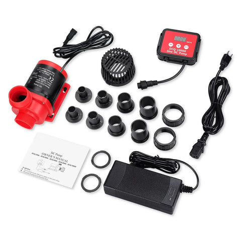 2640 GPH 80W Aquarium DC Return Pump With LCD Controller DC24V 18ft Lift and accessories displayed