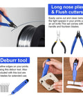 KuanStore 55pc 3D printer tools kit with blue pliers, deburring tool, caliper, knife set, tube cutter, and storage bag