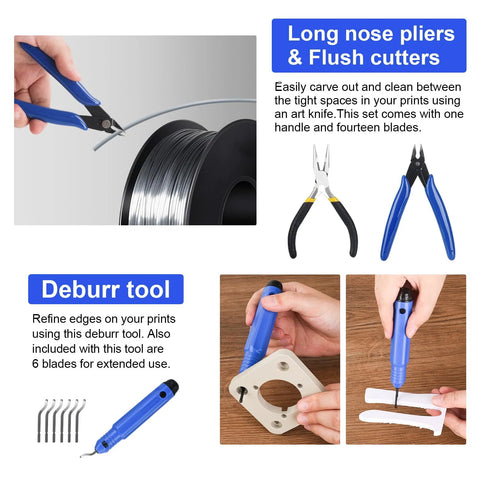KuanStore 55pc 3D printer tools kit with blue pliers, deburring tool, caliper, knife set, tube cutter, and storage bag