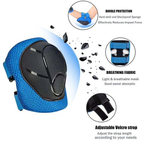 Blue knee pad from All In One Kids Protective Gear Set 6 In 1 Knee Pads Elbow Pads Wrist Guards For Ages 3 To 14 Boys Girls Adjustable